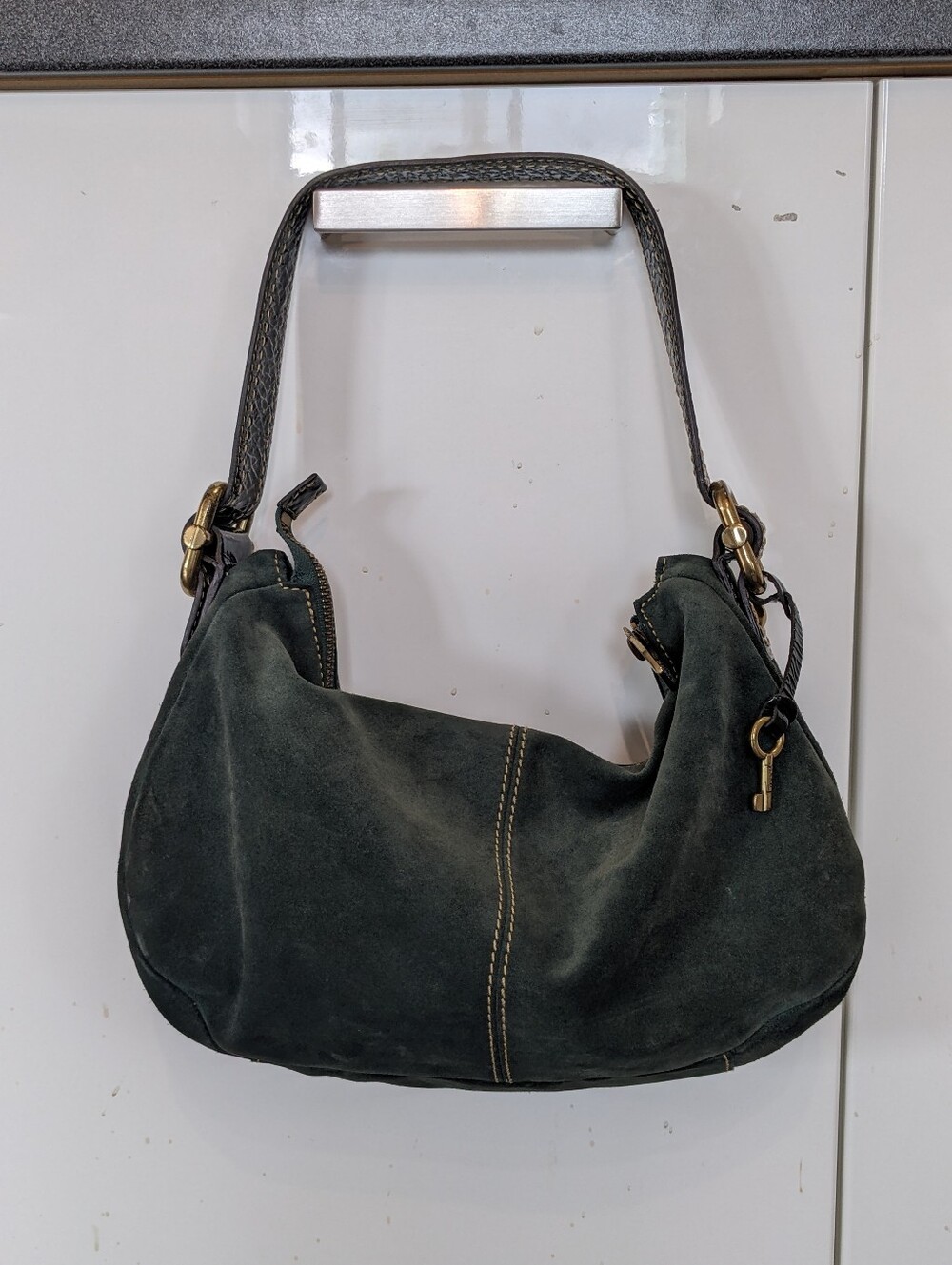 Fossil Suede & Textured Patent Leather Y2K Baddie Hobo Shoulder Bag Dark Green